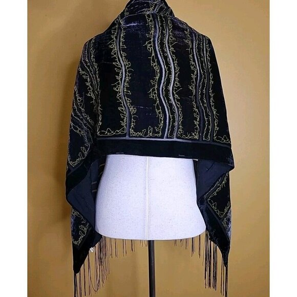 Scarf Shawl Velvety Burnout Stripe Tassled Black Purple Gold Womens 62 X 20 - Picture 5 of 9